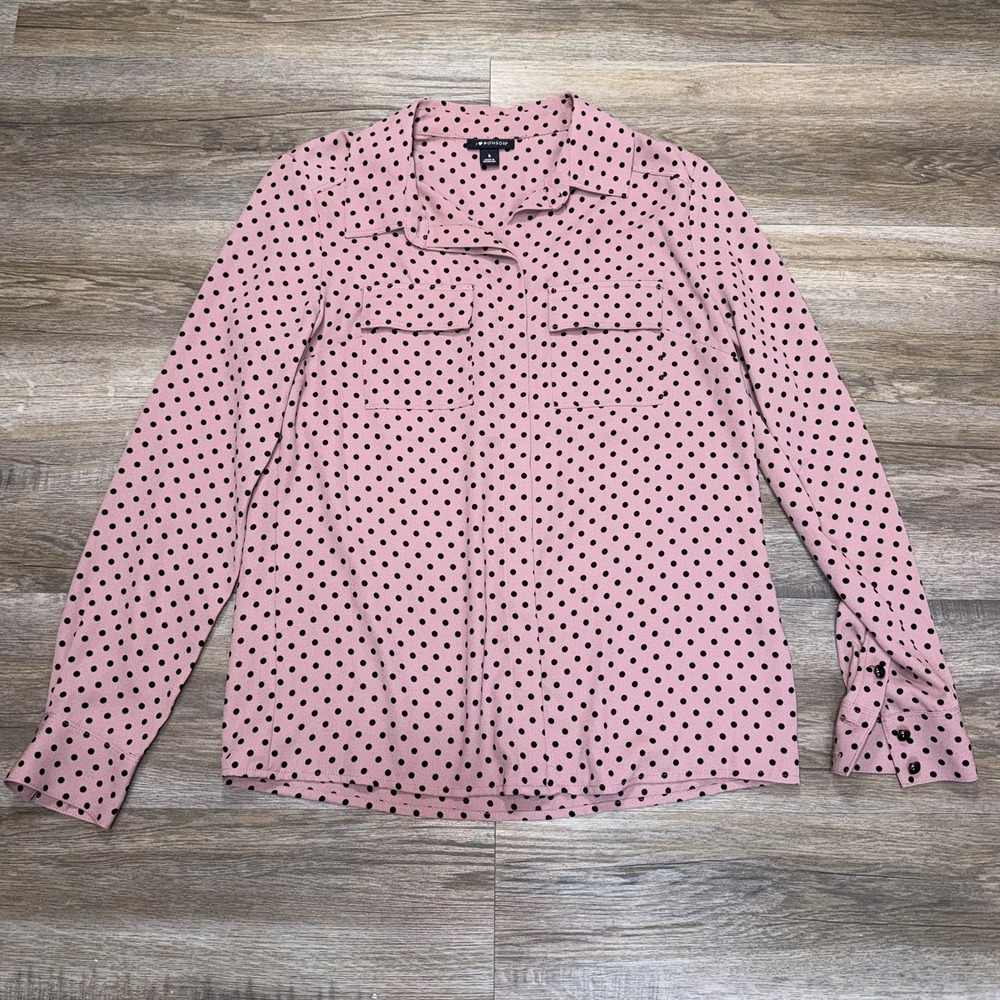 I Heart Ronson Rose Pink Long-Sleeve Blouse Womens S All-Over Black Polka Dot